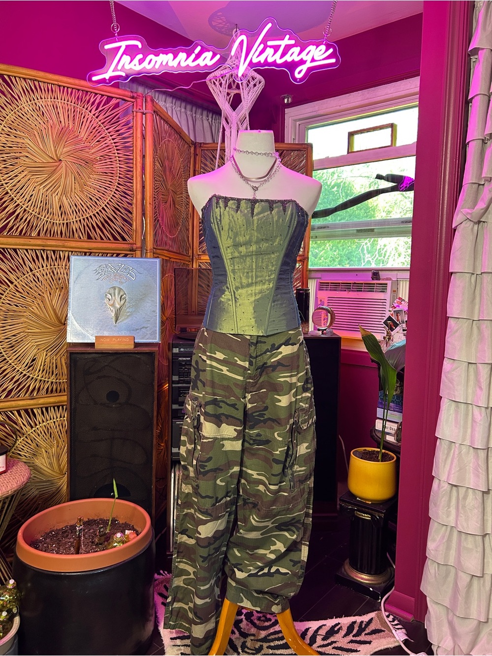 Vintage Y2K Olive Green Corset Top with Beaded Detail